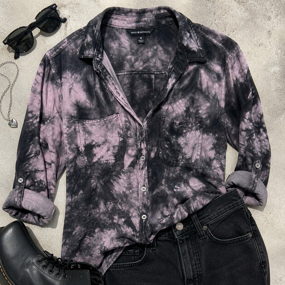 Rock & Republic Tie Dye Button Up Shirt Medium Black Gray Grunge Y2K Pocket